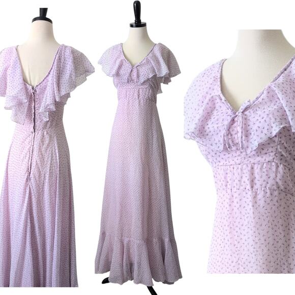 Vintage Dresses & Skirts - VTG 70s Womens XS Cottagecore Prairie Long Maxi Floral Tiered Lilac Purple Dress